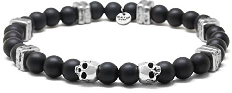 Nato Cuff - 925 Sterling Silber Totenkopf Skull Armband - Onyx Perlen Halbedelsteine - Griechische Keramikperlen- Herren und Damen schmuck Handgefertigt in Frankreich (Medium 17cm)