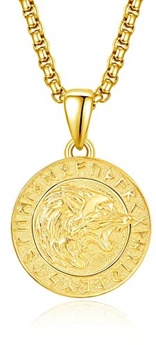 KINGWHYTE Wikinger Halskette 925 Sterling Silber Wolfskopf Amulett Anhänger Wikinger Rune Halskette Wolfsschmuck Geburtstagsgeschenke für Männer Frauen(Gold)