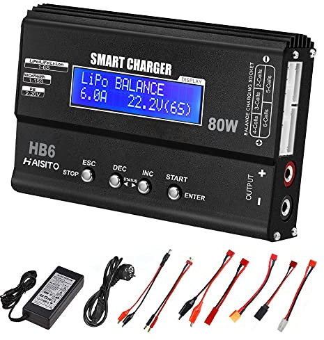 Haisito Lipo Ladegerät 80W 6A Lipo Balancer für LiPo/Li-Ion/Life (1-6S) und NiMH/NiCd (1-15S), RC Akku Ladegerät mit LED-Bildschirm, Netzteil und XT60 / Deans/JST/Futaba-Adapter