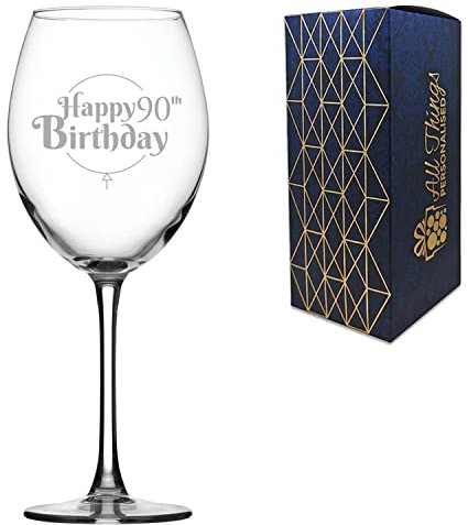 Engraved 90th Birthday Gift, Enoteca Red Wine Glass, Holds 19oz, 560ml, Gift Boxed, Happy Birthday Balloon Design, Gift for Him or Her, Laser Engraved in The UK