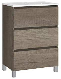 Baikal, Conjunto de baño Natura. Mueble de Baño de Fondo Reducido, con Lavabo cerámico. Distribución Tres Cajones. Mueble MONTADO. Tres Cajones sin Espejo. Fondo 39cm 60 cm Nebraska