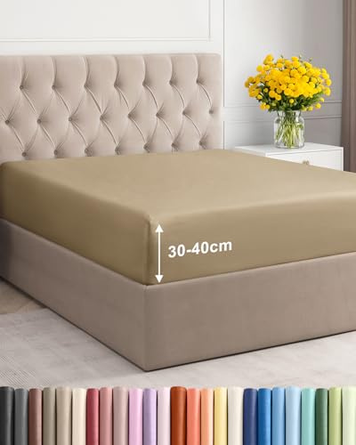 Spannbettlaken 160x200cm Beige - Extra Tiefes Spannbetttuch für Matratzen & Boxspringbett bis 40cm (16) Höhe - Mikrofaser - Weiche Gebürstete - Knitterfrei, Schrumpf- & Farbbeständig - Oeko-TEX