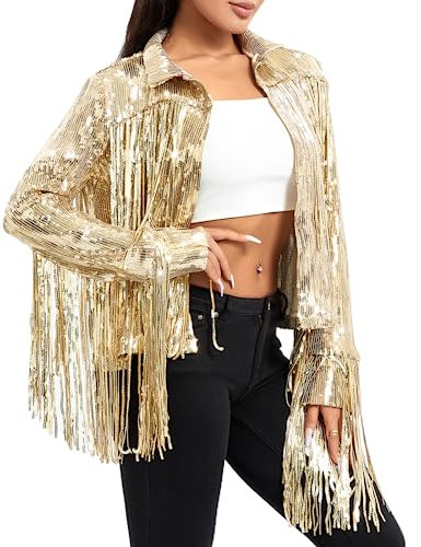RTGSE Frauen funkelnde Pailletten Jacke glänzender Glitzer Quasten Fringe Sem Disco Jacket Paillettenrandjacke Mantel Y2K 90S Streetwear (Gold, S)