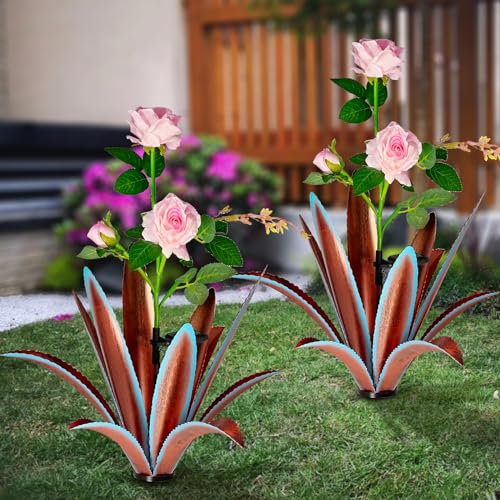 TOMBABY Solar Metall Agave Garten Kunst Rose Metall Pflanze Land Garten Skulptur Statue Outdoor Dekoration Agave Metall Pflanze Garten Rasen Dekoration Geschenk (2 PCS Rosa Rose)