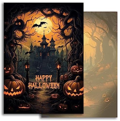 10 Halloween Karten Einladungskarten Einladung Jungen Mädchen Geburtstag Party Erwachsene Motiv Halloweenparty Grusel-Party Horror-Party Set gruselig Kürbisse Elegant Schwarz Orange Schloss