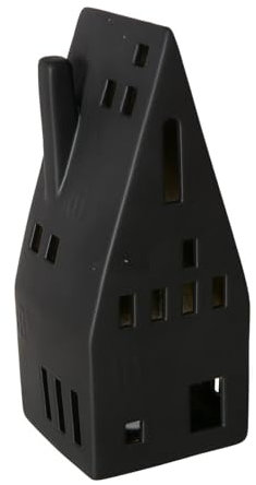 ReWu Lichthaus Dekoaufsteller Hygga Spitzdach LED-Teelicht Porzellan Schwarz EIN & Ausschalter Tischdekoration Wohndekoration Dekoration 8x8x19cm