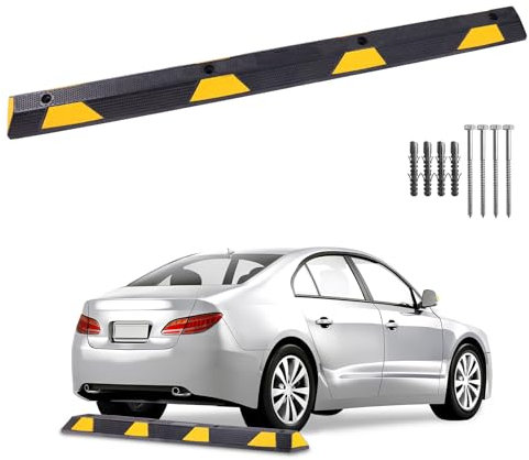 Aufun Parkstopper Anfahrschutz Radstopp 183cm Mit Gelb Reflexstreifen, Seitliche oder frontale Anwendung, Parkplatzbegrenzer aus 100% Recycling Gummi Parkbuchtabgrenzung inkl. 4 Abdeckkappen-1 Stück