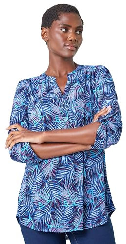 Roman Shirt for Women UK Ladies Top Collarless Blouse Stretchy Tunic Smart Casual Autumn Winter Jersey 3/4 Length Sleeve Notch V Neck Flattering Office Work - Navy Paisley - Size 10