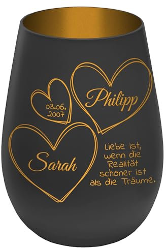Windlicht mit Gravur ''In Liebe vereint'' - Schwarz/Gold - Glas Teelichthalter personalisierbar mit Wunschtext - Geschenk zu Valentinstag Hochzeit Verlobung Jahrestag