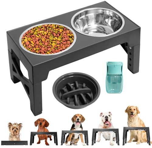 VURULLO Comedero Perro Elevado de 5 Alturas Ajustables - Comedero Perro Antivoracidad 1x800 ml - Bebedero de Acero 2x1200ml. Cuencos Elevados para Perros Pequeños Medianos y Grandes + Botella Portátil