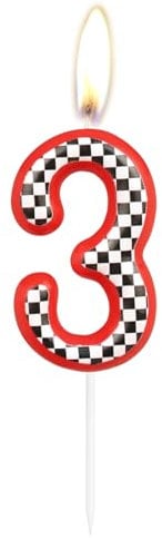 Birthday Cake Number 3 Candle Topper, Red Racing Happy Birthday 3rd Cake Toppers, Red Black and White Racing Decorations for Kids Boys Car Theme Birthday Party