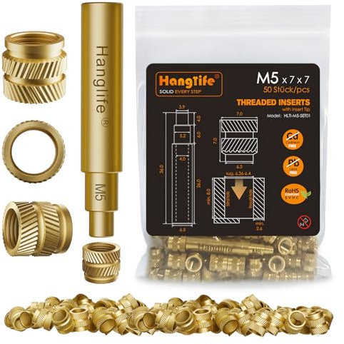 HANGLIFE M5 Inserts Fileté pour la Fusion à Chaud avec Pointe Fer a Souder, Insert Filetés avec Panne Fer à Souder pour Composants d'Impression 3D - Écrous Moletés Métriques en Laiton (50 Pièces)