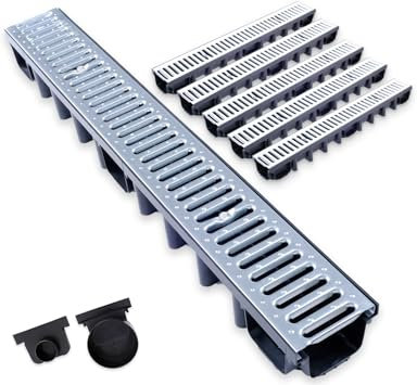 Durabern Entwässerungsrinne Set - 98 mm Ablaufrinne aus verzinktem Stahl, PKW-befahrbar, für Garten, Hof & Terrasse, inkl. 2 Ablaufstutzen (DN 110, DN 50) (5 m)