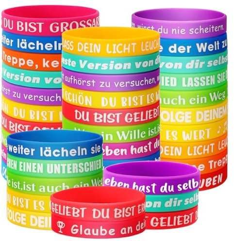 JUNEBRUSHS Motivationsarmbänder, 30 Stück Silikonarmband mit Positiven Sprüchen Inspirierende Silikon Armbänder Glücksbringer Kinder Mutmacher Geschenke Party Mitgebsel für Schüler Teenager Kinder