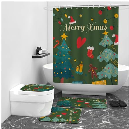 Yingbei Set di tende da doccia natalizie per decorazioni natalizie per il bagno con Babbo Natale e albero di Natale, include 12 ganci set da bagno con tenda da doccia e tappeti per feste