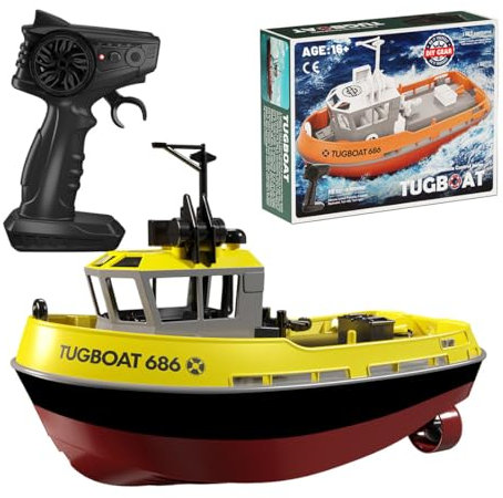 Kisss Remote Control Boat, 1:72 2.4G RC Electric Tugboat Model RC Boat, RC Watercraft Model Electric Water Electric Model Birthday Gifts for Adults Halloween (RTR/Yellow)