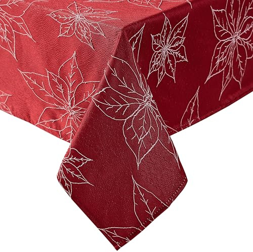 Laura Ashley Tischdecke, Bestickt, Jacquard-Stoff, knitterfrei, für Esszimmer, Urlaub, Party, Hochzeit oder Bankett, 152,4 x 213,4 cm, Weihnachtsstern-Rot