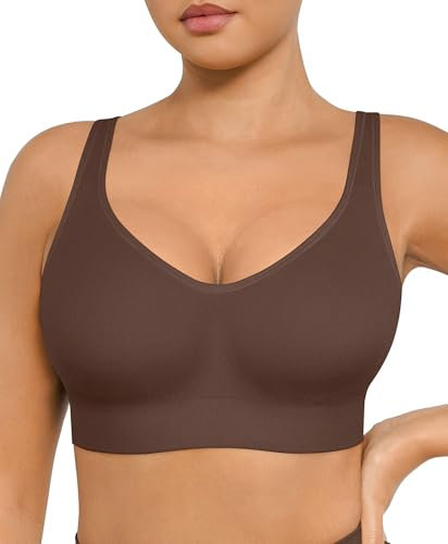 FeelinGirl Womens Wireless Bralettes Built-in Foam Cups Full Coverage Plus Size Sports Bras Everyday Seamless Bra Chocolate L