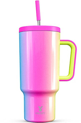 Meoky 1182ml/40oz Thermobecher mit Strohhalm und Griff, Doppelwandiger Edelstahl Vakuum Kaffeebecher to Go, 100% auslaufsicher, für Kalte und Heißer Getränke (Regenbogen)