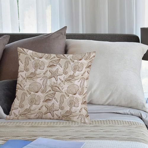 EMCLKS Designs Kissenbezug Männer/Frauen/Jungen/Mädchen Wohnzimmer Schlafzimmer Sofa Stuhl Kissenbezüge, Muster beige Hintergrund Wasserwelt. Seestern. Schale. Aquarell. Ozean. Meerestiere,50x50cm