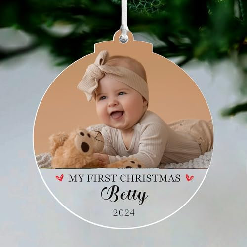 Personalised Christmas Bauble Gifts - Custom Tree Decorations: Baby's First Christmas Bauble with Photo & Text - Acrylic Ornaments for Kids & Children (Son, Daughter, Grandson)