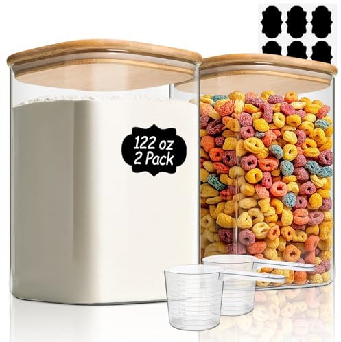 ComSaf 3600ml Glass Food Storage Containers Set of 2, Large Storage Containers with Lids, Square Glass Jars with Lids, for Flour and Sugar, Cereal, Rice, Pasta, Oats, Coffee Beans