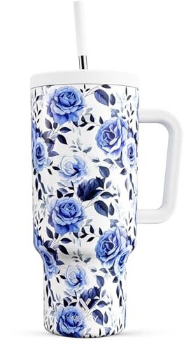 Meoky 1182ml Tumbler with Straw and Lid, 40oz Tumbler with Handle, Insulated Stainless Steel Travel Mug Water Bottle, 100% Leak-Proof, Cold for 34 Hours or Hot for 10 Hours (Blue Rose)