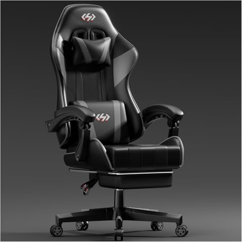 HLFURNIEU Silla Gaming Ergonómica, Silla Gamer con Reposapiés y Soporte Lumbar, Silla Ordenador con Spring Cushion, Sillon Gamer Altura Regulable, Respaldo Ajustable, Cadeira Gaming Negro y Gris