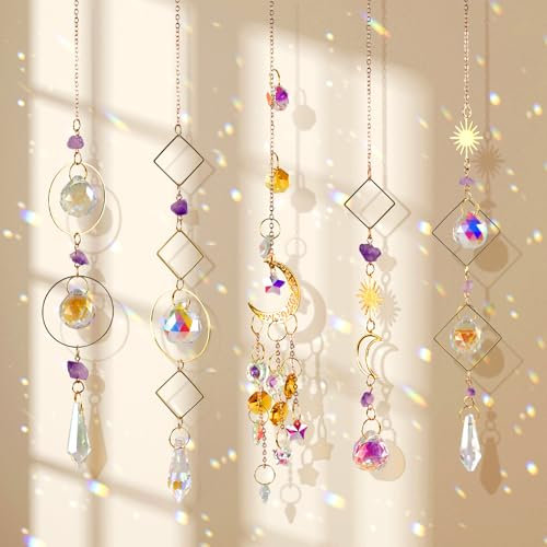 CHWNIBAY 5 Stück Sonnenfänger Kristall Windspiel,Gold Mond Stern Regenbogen Kristalle Anhänger,Suncatcher für Fenster,Haus,Garten,Weihnachten,Feiern & Hochzeiten Dekoration