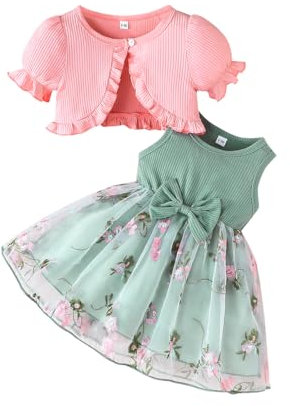 LUVCES Vestito Bambina Tutù e Cardigan 2 Pezzi Set Floreale Senza Maniche con Papillon Tulle Abito Vestiti + Cardigan Abbigliamento Estivo per Festa di Compleanno Manica corta Rosa 6-9 Mesi