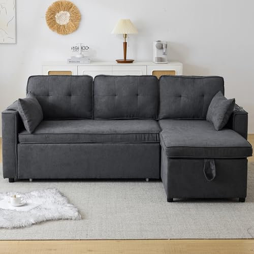 RIAZOS 3-in-1 Convertible Sofa Bed with Internal Storage Chaise,L Shaped Sleeper Sofa Couches with Cup Holders,Pillows,Storage Pocket,Pullout Sectional Daybed for Living Room,Bedroom,Office (Grey)