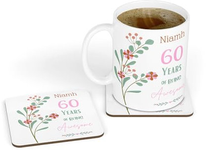 Personalised 40|50|60|70|80 Years of Being Awesome Flowers Design Gift for Her Girls Mum Nan Daughter 18th|21st|30th|40th|50th|60th|70th|80th Birthday Mug & Coaster Gift Set