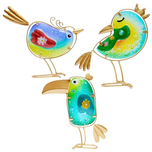 FZkuozougedd Glas-Vogel-Gartendekoration für den Außenbereich – 3 bunte Vogel mit Krone, Glas, Metall, Hofkunst-Statuen, Gartendekoration für Zuhause, Terrasse, Veranda, Hinterhof, Rasen, Dekoration