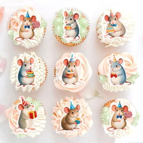 Blumomon 48pcs Edible Mouse Cupcake Toppers Edible Mouse Cupcake Decoration Happy Birthday Decoration Baby Shower Children's Birthday Cake Decoration Party Decoration Supplies