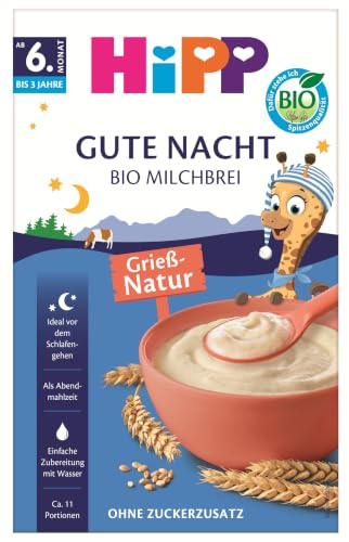 HiPP BIO Milchbrei Kindergrieß (4 x 475g), ab 6. Monat, ohne Zuckerzusatz, schonende Verarbeitung - sanft zu Babys Bäuchlein