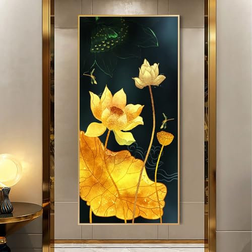 Diamond painting Completo Kit adultos Diamante Pintura 5D DIY para Pared Decoración del Hogar Arte Manualidades por Número Bordado de Punto de Cruz Libélula de loto dorado,Diamante cuadrado 150x300cm
