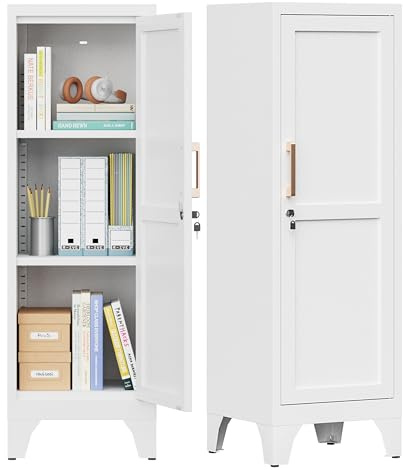 46H White Metal Locker with 1 Lockable Door and 2 Adjustable Shelves For Employees,3 Tier Small Storage Cabinet with Detachable Legs and Vintage Handle for Kitchen, Office,School,Gym,Easy Assembly