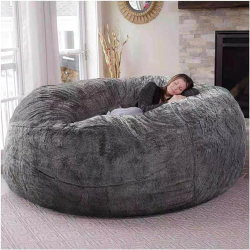 Riesiger Sitzsack aus Fell für Wohnzimmermöbel für Erwachsene, großer, runder, weicher, Flauschiger Sitzsack aus Kunstfell, bequemes Schlafsofa, 1,83 m/2,13 m (ohne Polsterung) (Grau, 1,83 m