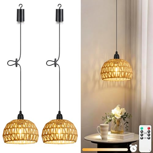 Lightess 2 Pack Outdoor Lights Battery Powered with Remote Control,Dimmable Outdoor Hanging Lights Battery Pendant Light IP65,Handmade Boho Rattan Lampshade Portable for Gazebo,Garden,Shed,Bedrooms
