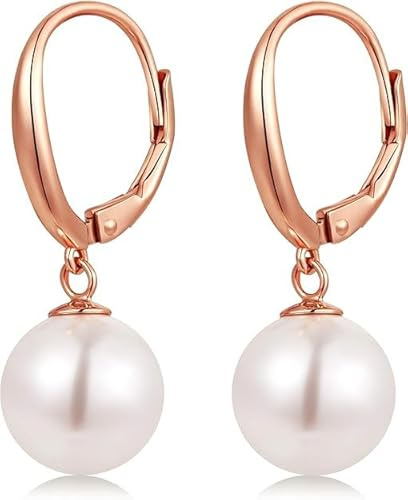 Boucle d'oreille Perle Argent Sterling 925 Perle Leverback Boucles d oreilles Pendantes Perles Bijoux Cadeaux pour femmes 10 mm Or rose