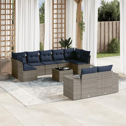 Ensemble de 10 canapés de jardin en polyrotin gris résistant aux UV - Modulable - Avec table basse en verre trempé - Pour terrasse, balcon, véranda