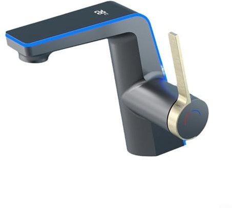 Feeshoppher Grifo de baño con pantalla digital de latón para agua fría y caliente, grifo mezclador inteligente de una sola manija con pantalla LED de temperatura para lavabos de tocador de baño (gris)