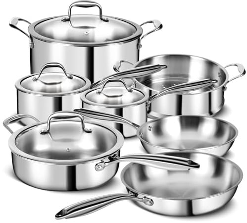 Ensemble de casseroles et poêles en acier inoxydable à 3 couches - 11 pièces avec couvercles en verre - Ensemble de casseroles et poêles à induction - Passe au four - Sans PFOA