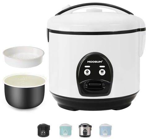 MOOSUM Reiskocher und Ein-Knopf-Kontrolle, 1,8 l - 10 Tassen, für 2-10 Personen, schnelle Zubereitung ohne Verbrennen, mit Warmhaltefunktion, inklusive Dampfeinsatz, Löffel und Messbecher
