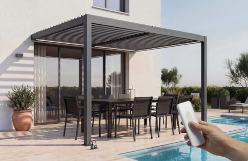 Cazeboo Pergola bioclimatique motorisée 4x3m adossée AGOSTA Aluminium Gris avec Stores rétractables côté 4m