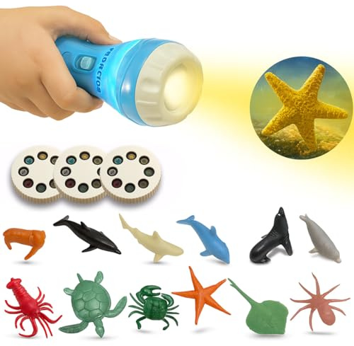 Sea Creatures Torch and Projector for Kids with 3 Discs 24 Images, 16 Pcs Cool Realistic Animal Sea Life Figures, Educational Kids Torch Toy Night Light, Ideal Toy Gifts for Toddler Children 3+ Years