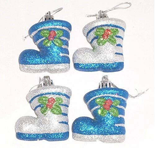Christmas Concepts® Pack of 4 x 6cm Decorated Glitter Boot Baubles - Christmas Tree Decoration (Blue & Silver)