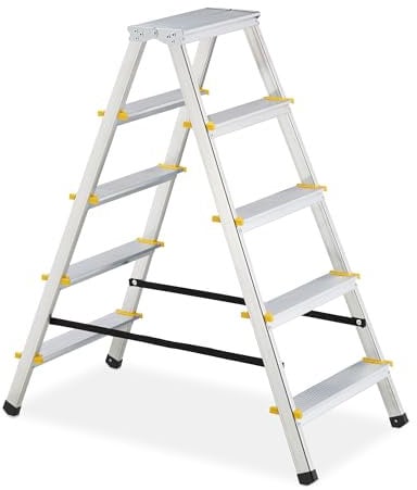 Relaxdays Trittleiter klappbar, 5 Stufen, Aluminium, 150 kg, beidseitig begehbar, H x B x T 103 x 45,5 x 92,5 cm, Silber