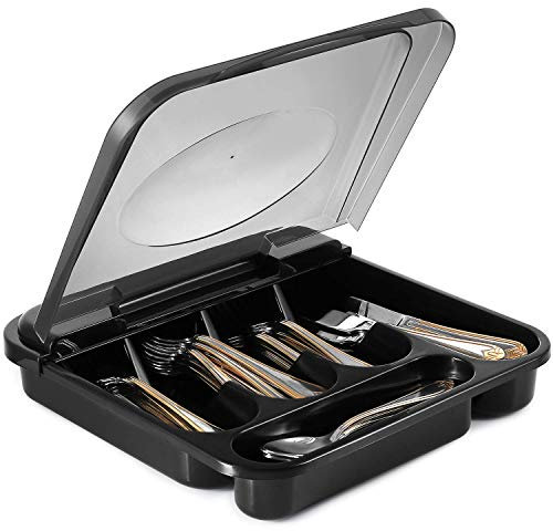 Zilpoo Flatware Plastic Tray with Hinged Lid, Kitchen Cutlery and Utensil Holder Organizer, 5 Compartment Silverware Storage Bin with Attached Cover Top