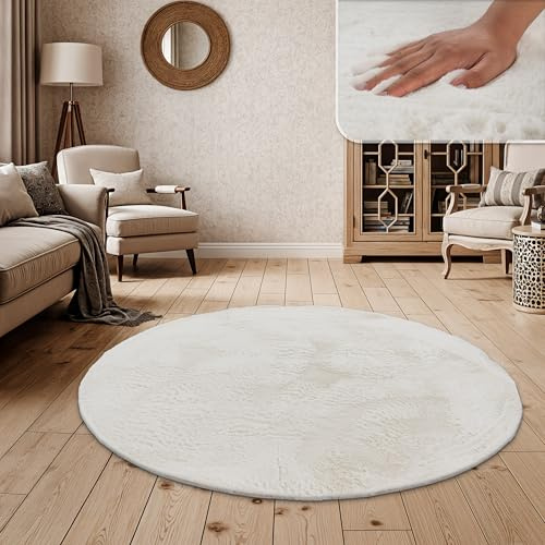 Paco Home Hochflor Teppich Wohnzimmer Schlafzimmer Shaggy Modern Flauschiger Fellteppich Weich Fell Imitat Kunstfell Einfarbig, Grösse:160 cm Rund, Farbe:Creme